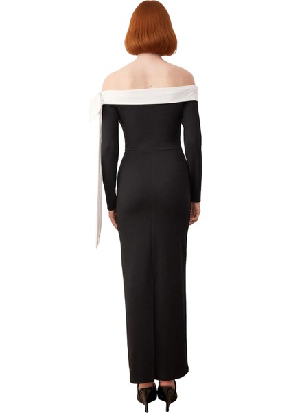 Kadın Carmen Yaka Bodycon Maxi Elbise Scuba Krep Kumaş Uzun Kollu Fiyonk Detaylı Gece Şıklığı fırsatları