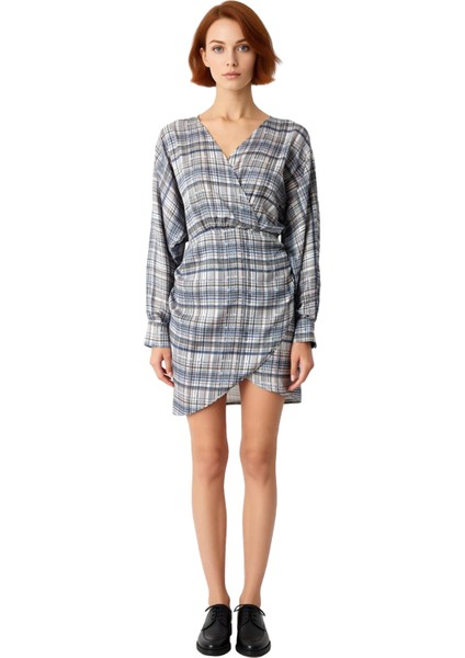 Kadın Ekose Kareli Mini Bodycon Elbise Kruvaze Yaka Anvelop Tasarım Uzun Yarasa Kol Dokuma Saten modelleri