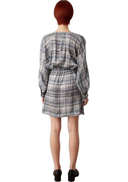 Kadın Ekose Kareli Mini Bodycon Elbise Kruvaze Yaka Anvelop Tasarım Uzun Yarasa Kol Dokuma Saten fırsatları