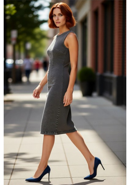 Kadın Bodycon Kesim Kolsuz Bisiklet Yaka Denim Midi Elbise Rahatlık ve Şıklığı Birleştiren Stil