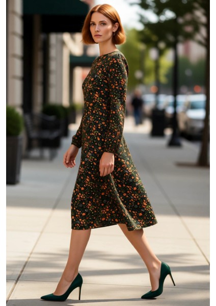 Kadın A Line Kalıp Yırtmaç Detaylı Çiçekli Desenli Bisiklet Yaka Balon Kol Midi Boy Elbise