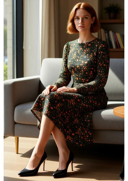 Kadın A Line Kalıp Yırtmaç Detaylı Çiçekli Desenli Bisiklet Yaka Balon Kol Midi Boy Elbise fiyatları