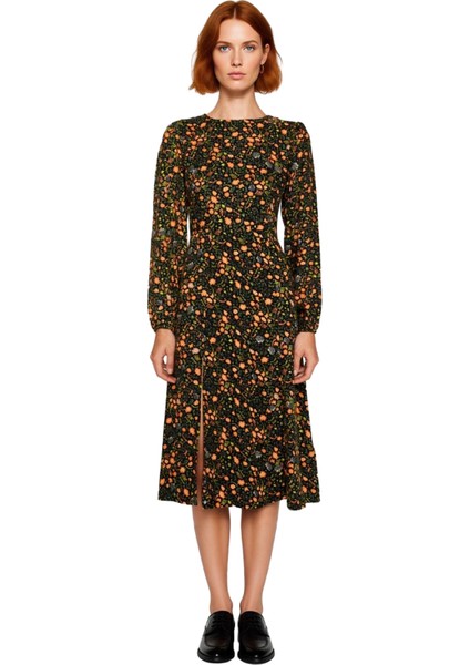 Kadın A Line Kalıp Yırtmaç Detaylı Çiçekli Desenli Bisiklet Yaka Balon Kol Midi Boy Elbise modelleri