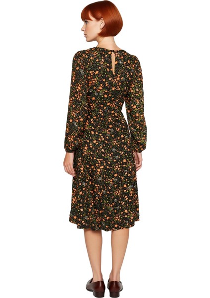 Kadın A Line Kalıp Yırtmaç Detaylı Çiçekli Desenli Bisiklet Yaka Balon Kol Midi Boy Elbise fırsatları