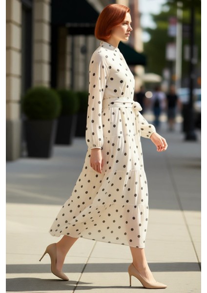 Kadın Puantiye Desenli Kuşaklı A Line Şifon Maxi Elbise Dik Yaka Uzun Kollu Rahat Günlük Stil