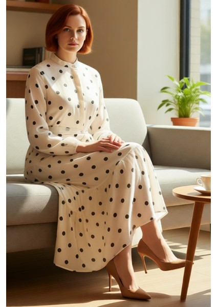 Kadın Puantiye Desenli Kuşaklı A Line Şifon Maxi Elbise Dik Yaka Uzun Kollu Rahat Günlük Stil fiyatları