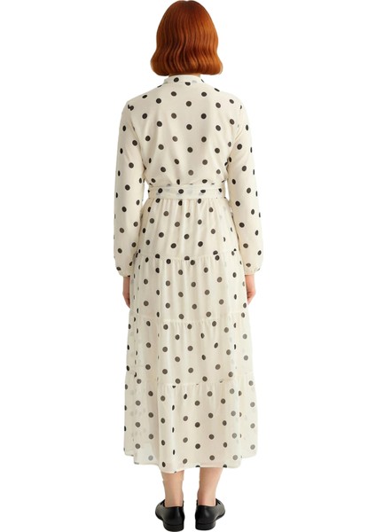 Kadın Puantiye Desenli Kuşaklı A Line Şifon Maxi Elbise Dik Yaka Uzun Kollu Rahat Günlük Stil fırsatları