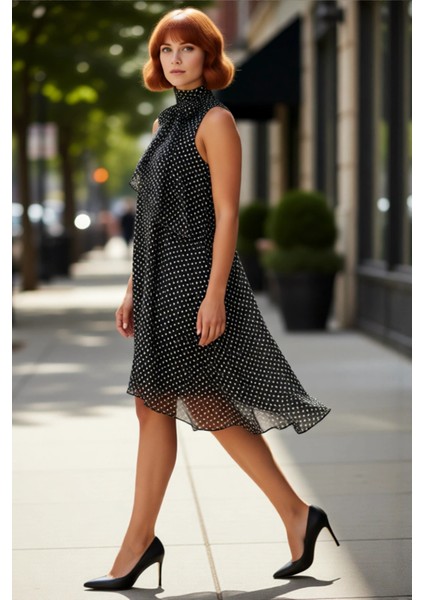 Kadın Siyah Puantiyeli Büyük Beden Dokuma Boyundan Bağlamalı A Line Kolsuz Midi Elbise Kaliteli