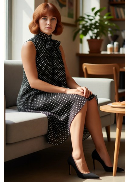 Kadın Siyah Puantiyeli Büyük Beden Dokuma Boyundan Bağlamalı A Line Kolsuz Midi Elbise Kaliteli fiyatları