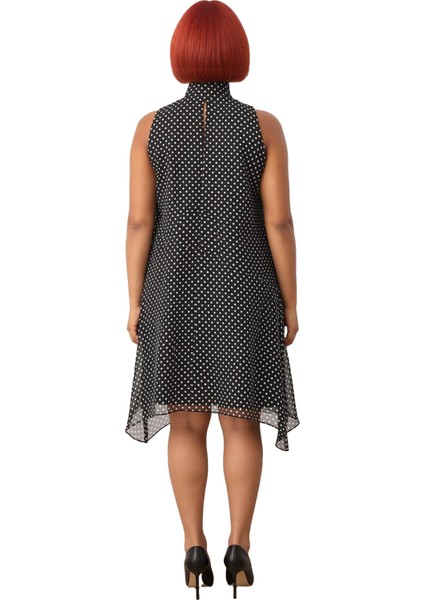 Kadın Siyah Puantiyeli Büyük Beden Dokuma Boyundan Bağlamalı A Line Kolsuz Midi Elbise Kaliteli fırsatları