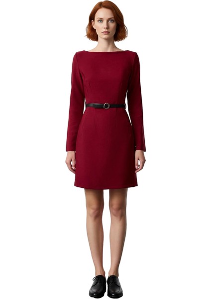 Kadın A Kesim Kayık Yaka Uzun Kollu Kemer Detaylı Dokuma Mini Elbise Ilkbahar Sonbahar Ofis Şıklığı modelleri