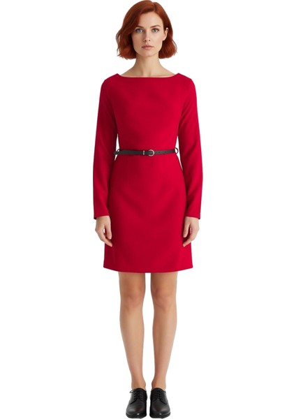 Kadın A Kesim Kayık Yaka Uzun Kollu Kemer Detaylı Dokuma Mini Elbise Ilkbahar Sonbahar Ofis Şıklığı modelleri