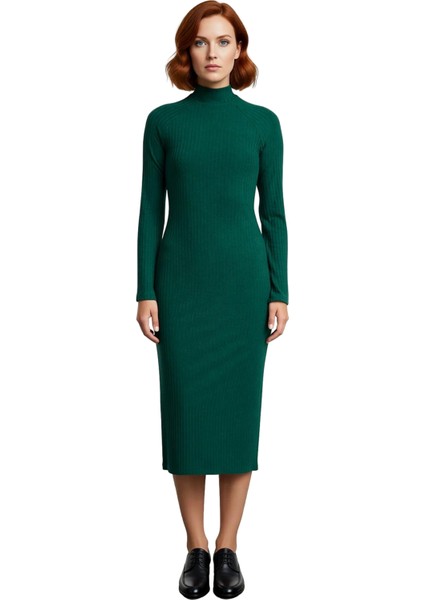 Kadın Midi Örme Elbise Bodycon Kalıbı Dik Yaka Uzun Standart Kol Yırtmaç Detaylı Düz Tasarım Kış modelleri