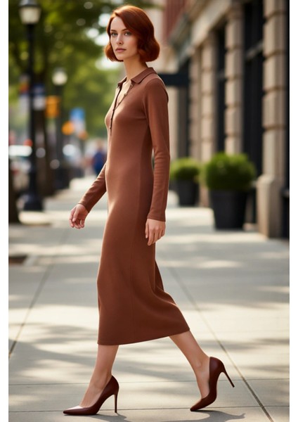 Kadın Bodycon Polo Yaka Uzun Kollu Maxi Örme Elbise Fitilli Tasarımıyla Kış Şıklığı Sunar Kaliteli