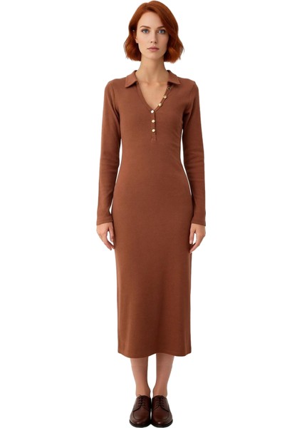 Kadın Bodycon Polo Yaka Uzun Kollu Maxi Örme Elbise Fitilli Tasarımıyla Kış Şıklığı Sunar Kaliteli modelleri