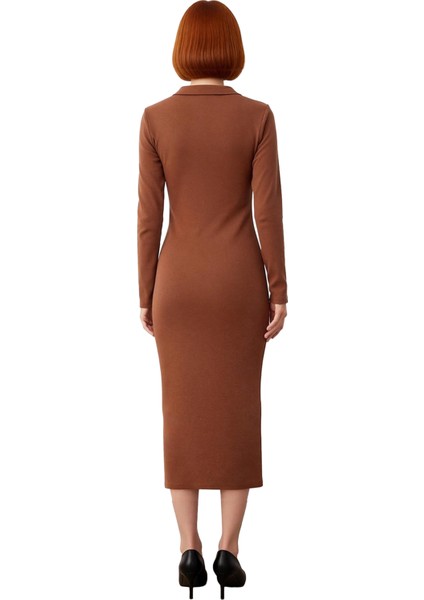 Kadın Bodycon Polo Yaka Uzun Kollu Maxi Örme Elbise Fitilli Tasarımıyla Kış Şıklığı Sunar Kaliteli fırsatları