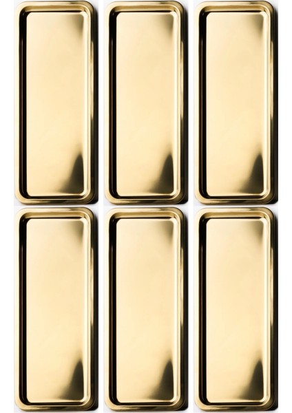 Paslanmaz Çelik Gold Renk Dikdörtgen Dar Metal Düz Sunum Tepsisi Çay Kahve Tatlı Sunum 6 Adet