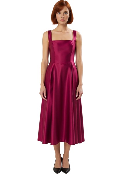 Kadın Skater Kalıp Midi Boy Saten Dokuma Kare Yaka Kokteyl Şık Mezuniyet Elbisesi Kalın Askılı modelleri