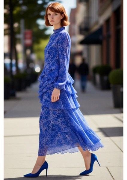 Kadın Çiçekli Balon Kol Maxi Boy Eteği Fırfırlı Astarlı Dokuma Şifon Elbise Şık Davetler Için