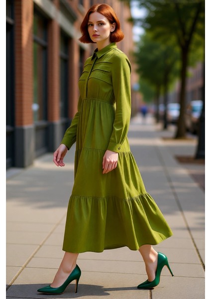 Kadın Haki Gömlek Yaka Uzun Kol Maxi Boy Skater Elbise Jakar Dokuma Çiçekli Desenli Viskoz