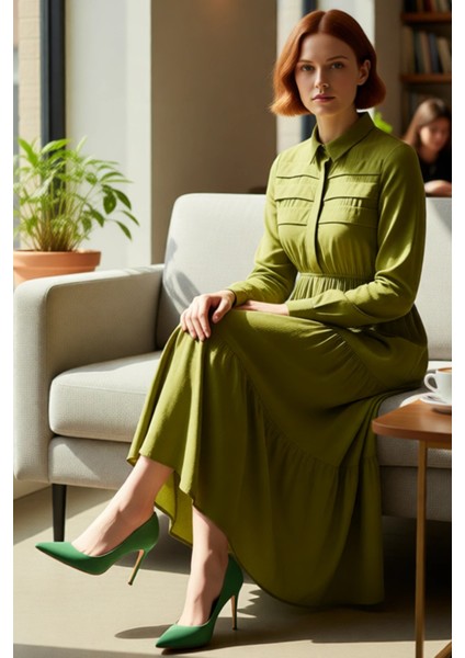 Kadın Haki Gömlek Yaka Uzun Kol Maxi Boy Skater Elbise Jakar Dokuma Çiçekli Desenli Viskoz fiyatları