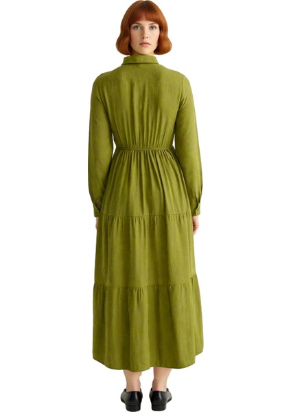 Kadın Haki Gömlek Yaka Uzun Kol Maxi Boy Skater Elbise Jakar Dokuma Çiçekli Desenli Viskoz fırsatları