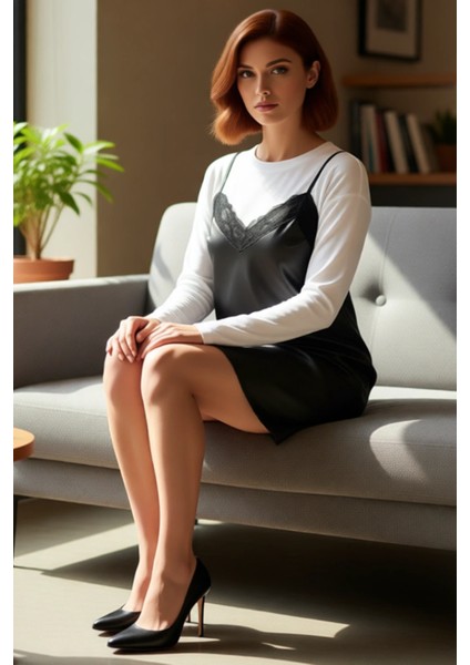 Kadın Astarsız Siyah Mini A Line Elbise Ince Askılı V Yaka Suni Deri Günlük Kullanım Kaliteli