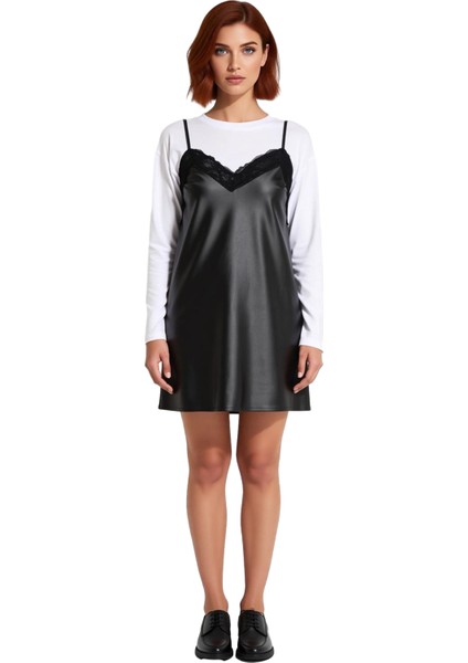 Kadın Astarsız Siyah Mini A Line Elbise Ince Askılı V Yaka Suni Deri Günlük Kullanım Kaliteli fiyatları