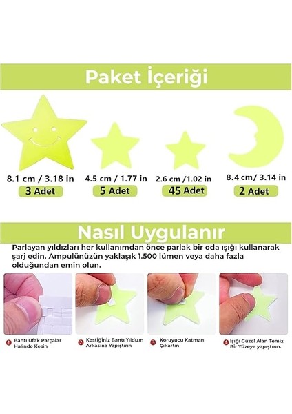 Sticker Karanlıkta Parlayan Fosforlu Ay ve Yıldız Tasarımlı Dekoratif (50 Adet Yıldız) modelleri