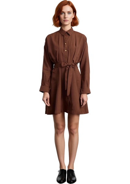 Kadın Günlük Şık Gömlek Yaka Kuşaklı Mini Elbise Uzun Yarasa Kol Rahat Dokuma Tasarım Kaliteli fiyatları