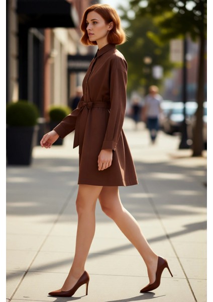 Kadın Günlük Şık Gömlek Yaka Kuşaklı Mini Elbise Uzun Yarasa Kol Rahat Dokuma Tasarım Kaliteli fırsatları