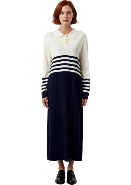 Kadın A Line Kesim Polo Yaka Çizgili Düğmeli Triko Maxi Elbise Uzun Kol Rahat Şık Tasarım Kaliteli modelleri