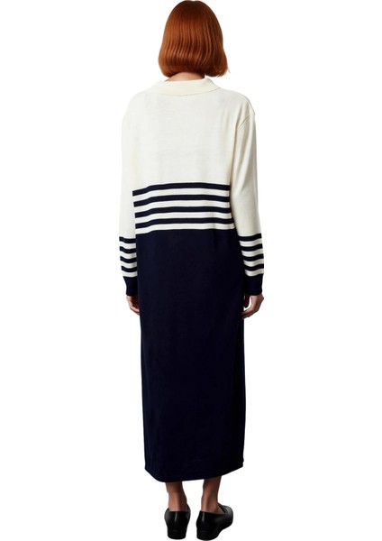 Kadın A Line Kesim Polo Yaka Çizgili Düğmeli Triko Maxi Elbise Uzun Kol Rahat Şık Tasarım Kaliteli fırsatları