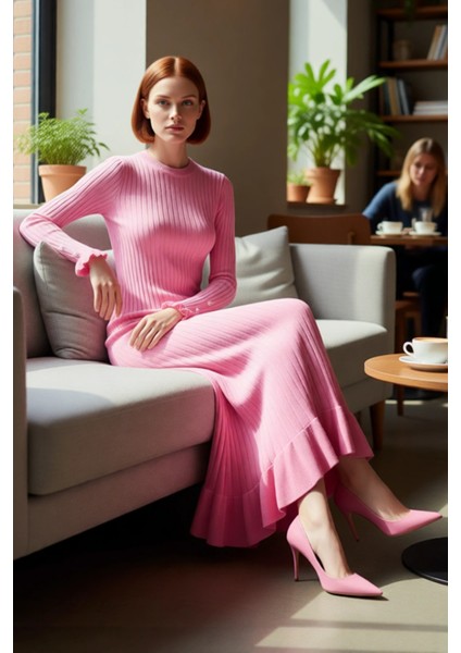 Kadın Bej Ribana Triko Maxi Elbise Eteği Fırfırlı Incili Düşük Kol Bisiklet Yaka Tasarımı Kaliteli fiyatları