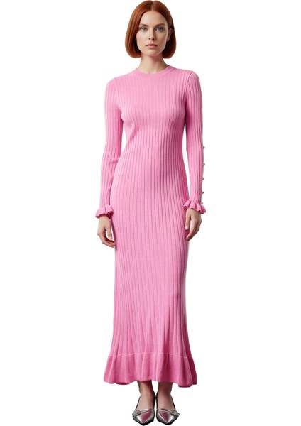 Kadın Bej Ribana Triko Maxi Elbise Eteği Fırfırlı Incili Düşük Kol Bisiklet Yaka Tasarımı Kaliteli modelleri