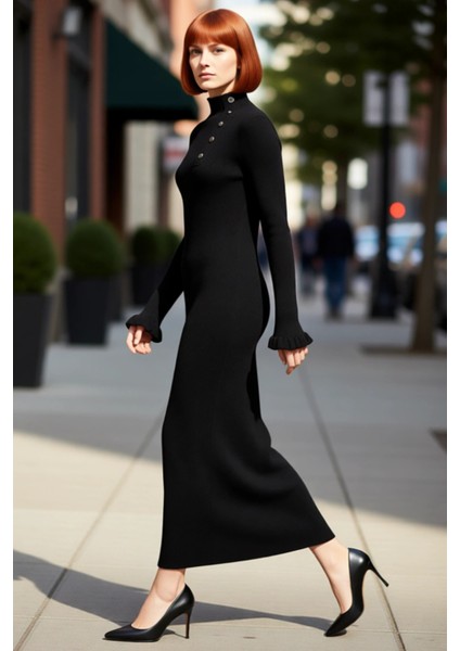 Kadın Dik Yaka Aksesuar Düğmeli Ribana Maxi Triko Elbise Şık Kışlık Günlük Giyim Için Tasarlandı