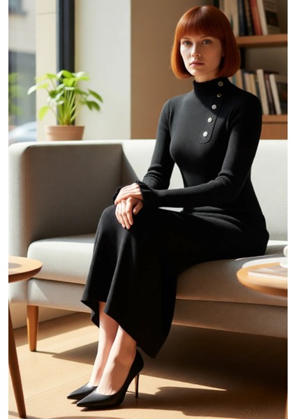 Kadın Dik Yaka Aksesuar Düğmeli Ribana Maxi Triko Elbise Şık Kışlık Günlük Giyim Için Tasarlandı fiyatları