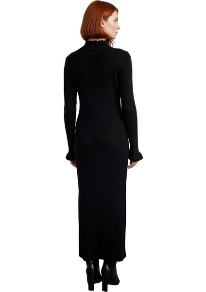 Kadın Dik Yaka Aksesuar Düğmeli Ribana Maxi Triko Elbise Şık Kışlık Günlük Giyim Için Tasarlandı fırsatları