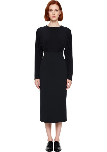 Kadın Siyah Dökümlü Yarasa Kol Uzun Midi Örme Elbise Şık Akşam Yemeği ve Özel Etkinlikler Için fiyatları