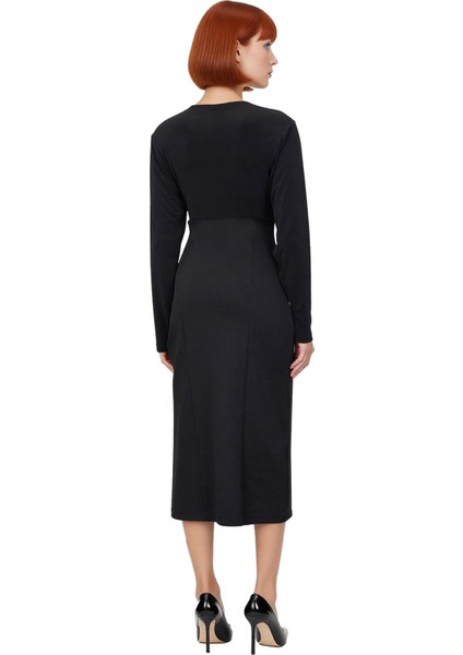 Kadın Siyah Dökümlü Yarasa Kol Uzun Midi Örme Elbise Şık Akşam Yemeği ve Özel Etkinlikler Için modelleri