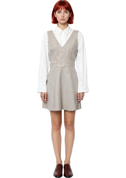 Kadın Bej Ekose Jile Elbise %100 Pamuk Mini Boy Dokuma V Yaka Casual Günlük Kombinlerin Gözdesi fiyatları