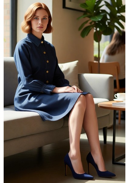 Kadın Düz Desen Rigid Kumaş Uzun Büzgülü Kol %100 Pamuk Gömlek Yaka Casual Denim Elbise Kaliteli