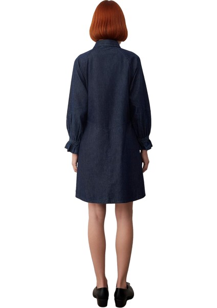 Kadın Düz Desen Rigid Kumaş Uzun Büzgülü Kol %100 Pamuk Gömlek Yaka Casual Denim Elbise Kaliteli modelleri