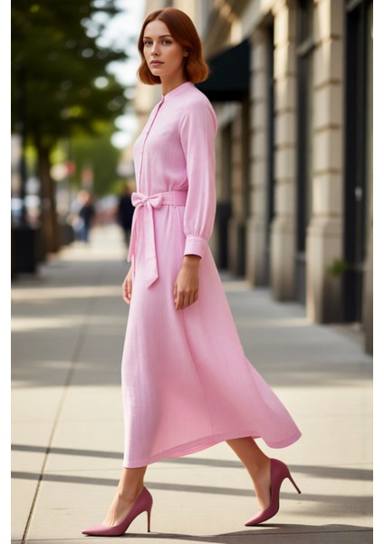 Kadın Hakim Yaka %100 Pamuk Dokuma Shift Elbise Kuşak Detaylı Uzun Kollu Şık ve Rahat Günlük Giyim.