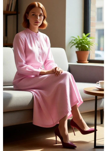 Kadın Hakim Yaka %100 Pamuk Dokuma Shift Elbise Kuşak Detaylı Uzun Kollu Şık ve Rahat Günlük Giyim. fiyatları