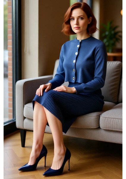 Kadın Düz Desen Midi Boy Triko Hırkalı Elbise Takımı Konforlu Şık Uzun Kollu Stil Kaliteli