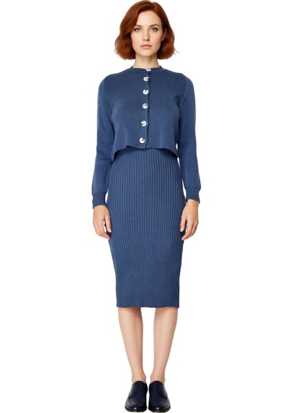 Kadın Düz Desen Midi Boy Triko Hırkalı Elbise Takımı Konforlu Şık Uzun Kollu Stil Kaliteli fiyatları