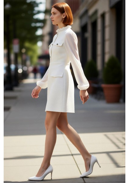 Kadın Ekru Dokuma Tüvit Skater Mini Elbise Dik Yaka Balon Kol Detaylı Günlük Şık Giyim Kaliteli