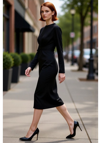 Kadın %100 Pamuk Bodycon Midi Elbise Bağlama Detaylı Bisiklet Yaka Uzun Standart Kol Şıklığı