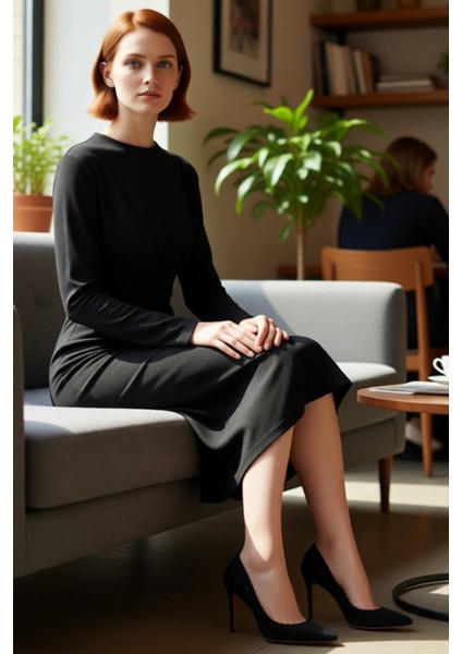 Kadın %100 Pamuk Bodycon Midi Elbise Bağlama Detaylı Bisiklet Yaka Uzun Standart Kol Şıklığı fiyatları